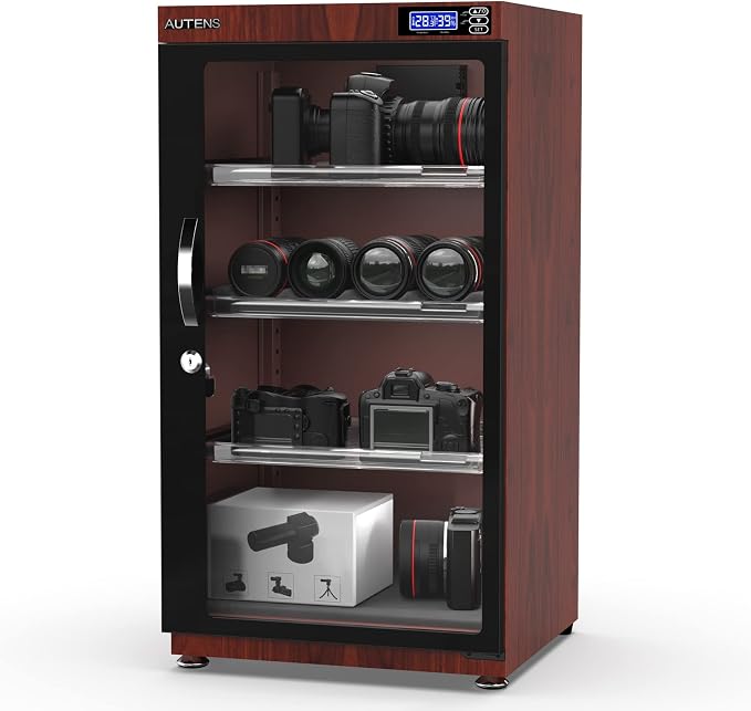 105L Dehumidifying Dry Cabinet Box, Wood grain Design Digital Control Noiseless and Energy Saving,4 layer for Camera Lens and Electronic Equipment Storage,Temperature Humidity LED Dual Screen