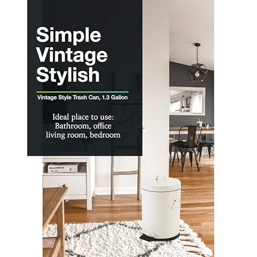 Bathroom Trash Can with Lid, Small Waste Basket for Home Bedroom, Retro Step Garbage Can with Soft Close, Vintage Office Trash Can, 5 Liter/ 1.3 Gallon, Glossy Cream White