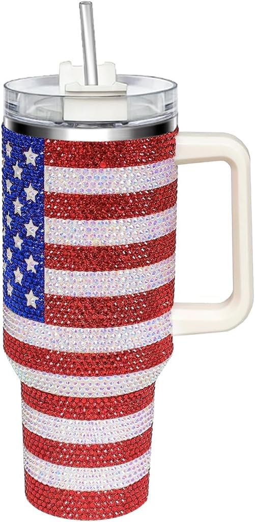 HWISDMIG 40oz Tumbler with Handle-Glitter Rhinestones Tumbler Bling Cups Stainless Steel Water Bottle Diamond Studded Tumbler for Women-Birthday Gifts for Women, Mom, Wife, Girlfriend (Usa Flag)