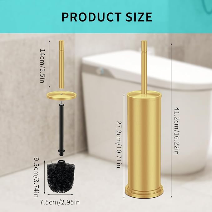 Gold Toilet Brush and Holder Set,304 Stainless Steel Toilet Brush for Bathroom with Long Handle, Heavy Duty Brass Toilet Bowl Brush,Removable Inner Bowl and Splash Protection,Deep Cleaning
