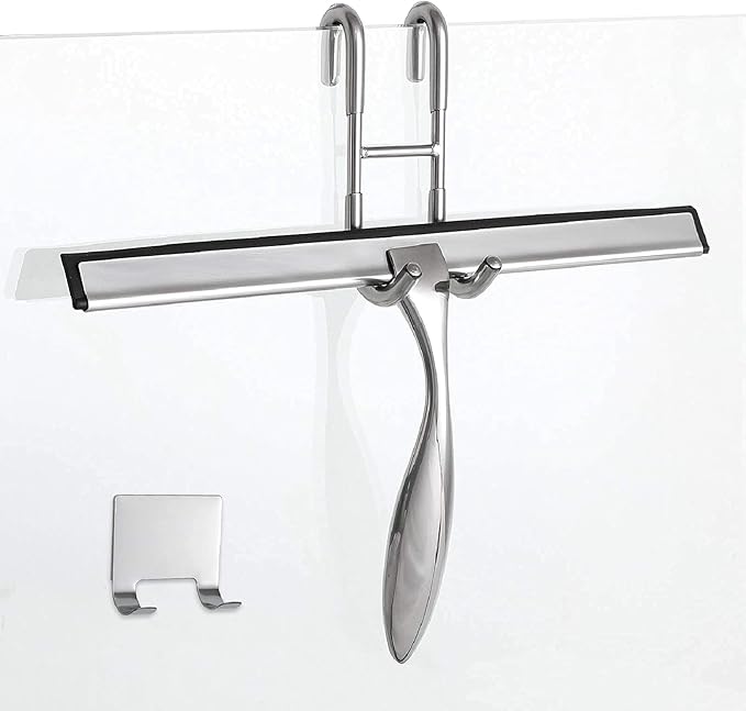 Simtive 12-Inch Shower Squeegee (Includes 1 Shower Door Hook and 1 Adhesive Hook), Shower Door Hooks (2-Pack), Both Silver, 2 Item Bundle