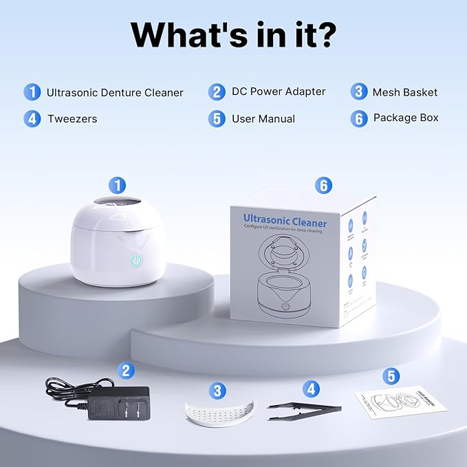 CXRUY Ultrasonic Retainer Cleaner - UV Dental Cleaning Pod Night Guard Cleaner for Dentures, Aligner, Braces, Toothbrush Heads, Jewelry (White)