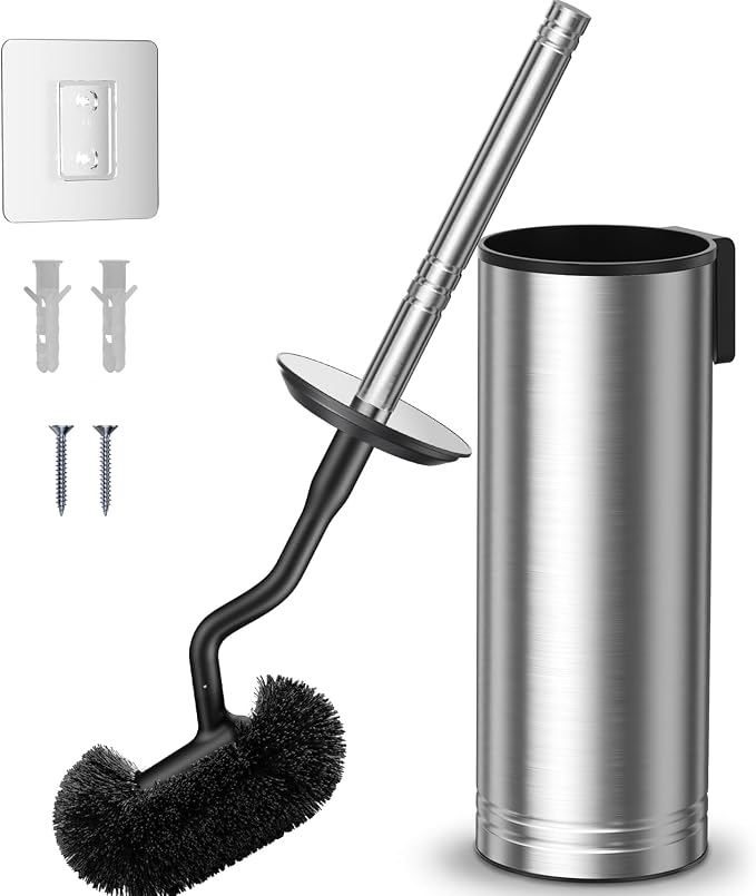 HAMITOR Toilet Brush and Holder Set: 304 Stainless Steel Heavy Duty Deep Cleaning Bowl Cleaner Brush with Curved Bristle - Wall-Mounted for Home Apartment Bathroom Accessories Silver 1 Pack