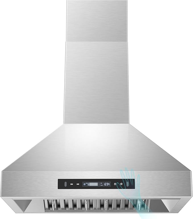 Tieasy 30 inch Range Hood, Wall Mount Kitchen Hood 900 CFM Ducted/Ductless Convertible with Gesture Sensing & Touch Control, Stainless Steel Vent Hood 3 Speed Exhaust Fan, 4 Baffle Filters