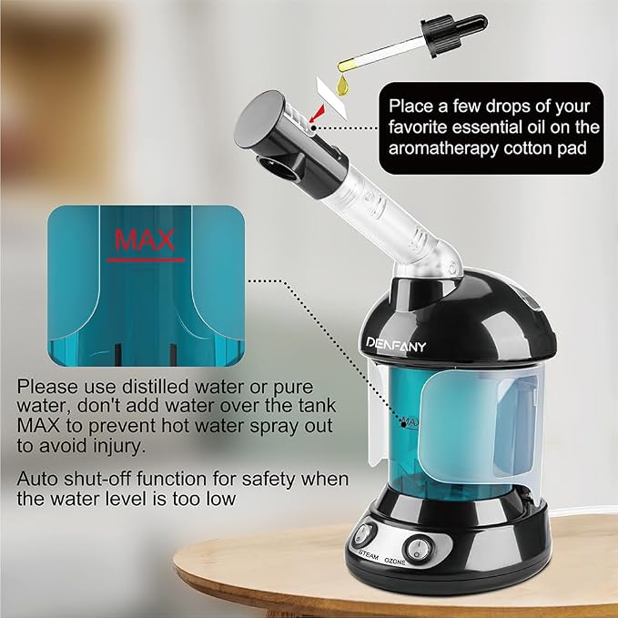 Facial Steamer - DENFANY Nano Ionic Face Steamer with Extendable 360° Rotating Arm - Portable Facial Steamer for Personal Care at Home or Salo （Black）