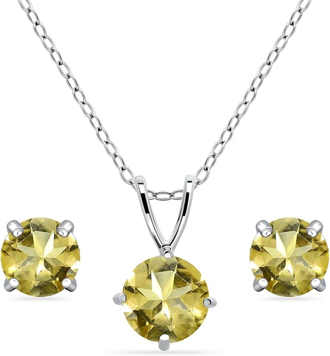 Jewelry Sets for Women, Necklace and Earring Sets for Women, Birthstone Jewelry, Genuine or Synthetic Gemstone, Round Solitaire, Pendant Necklace, Stud Earrings, Sterling Silver Jewelry or Gold Flash