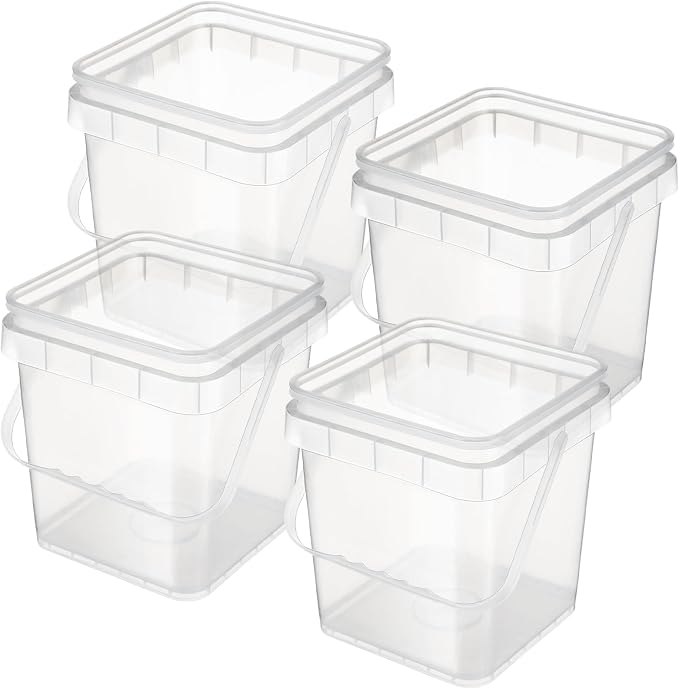 Jingmore 4 Pcs Plastic Bucket 5 Quart Square Bucket Utility Small Pail with Handle Sturdy Pail Organizer for House Cleaning Storage Livestock Feeding Car Washing Food Storage, No Lids(Clear)