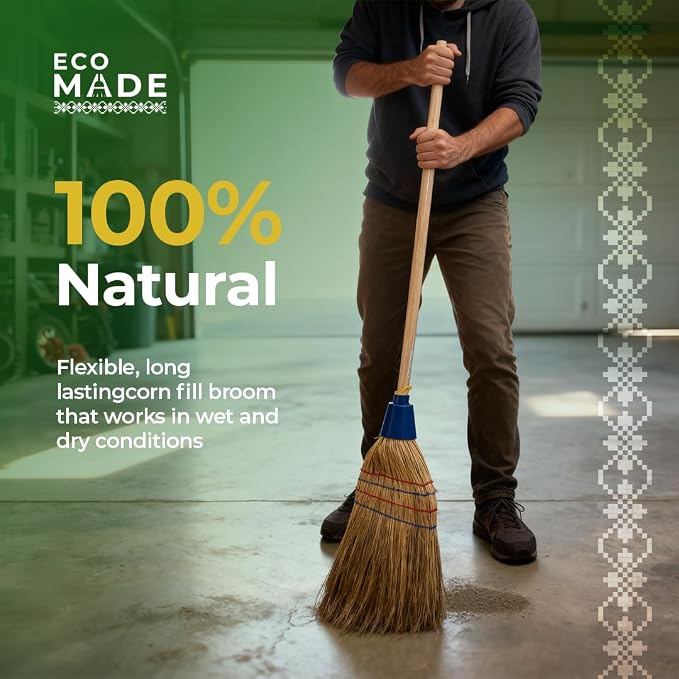 Handmade Corn Broom with Wood Handle 56 Inch - Traditional Heavy Duty Outdoor Broom for Sweeping Indoor Floors, Natural Straw Sweeper for Carpet Hardwood Yard