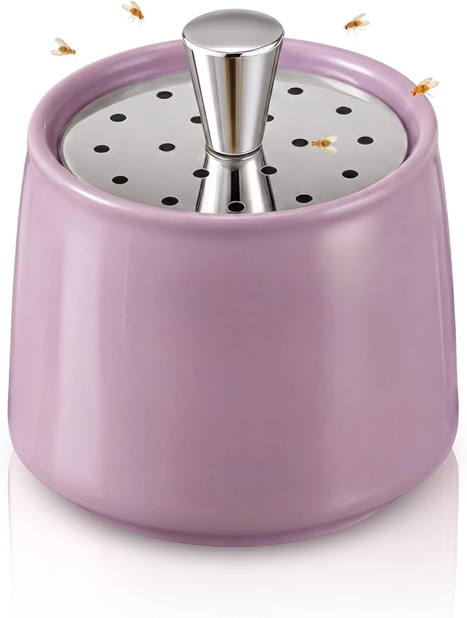 Ceramic Fruit Fly Trap for Indoors, Reusable Kitchen Fly Catcher with Stainless Steel Vent Lid, Uses Safe & Natural Vinegar Bait Trap, Dishwasher Safe, Easy to Use(Purple,1 Pack)