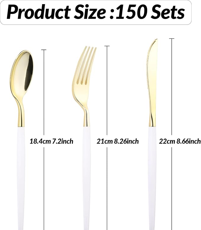 Goodluck 150 PCS White Gold Plastic Silverware Set for 50 Guests,50 Knives, 50 Forks and 50 Spoons, Food-grade material free of BPA, Gold Plastic Cutlery Ideal for Weddings, Birthdays, Graduation