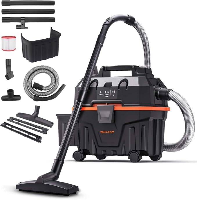 WECLEAN Shop Vac 4 Gallon 5.5 Peak HP Commercial Wet Dry Vacuum Cleaner, Heavy Duty Shop Vac with Blower Function, HEPA Filter, Portable Wet Dry Vac for Garage Car Detailing Construction Cleanup