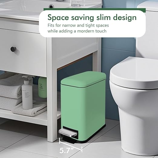 5 Liter / 1.3 Gallon Trash Can with Removable Liner, Soft Close lid & Step Pedal, Stainless Steel Trash Bin for Bathroom,Bedroom,Home Office,Green