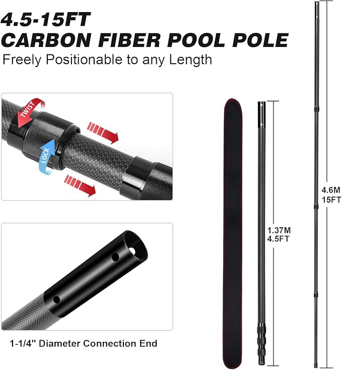 Carbon Fiber Pool Pole - Professional 15 Foot Telescopic Pool Cleaning Pole, Pool Skimmer Net Pole, Telescoping Swimming Pool Poles Heavy Duty 15FT