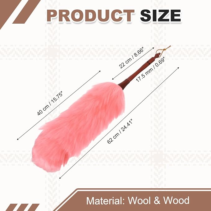 uxcell Wool Duster, 24.4" Natural Feather Cleaner Household Cleaning Duster with Solid Wooden Handle for Cleaning Fans Window Blinds Shelves Furniture, Pink