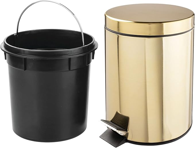 mDesign Metal Steel/Plastic Toilet Bowl Brush/Holder and Round 1.3 Gallon/5L Step Trash Can Combo Set for Bathroom; Holds Trash, Recycling, Deep Cleaning, Mirri Collection, Brass