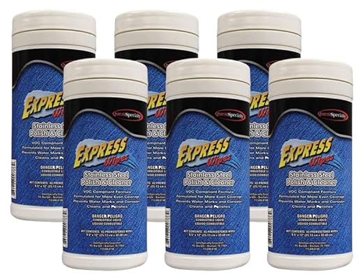 Quest Specialty EXPRESS Wipes Stainless Steel Polish & Cleaner; Case of 6 Tubs (40 wipes per tub); 6 count