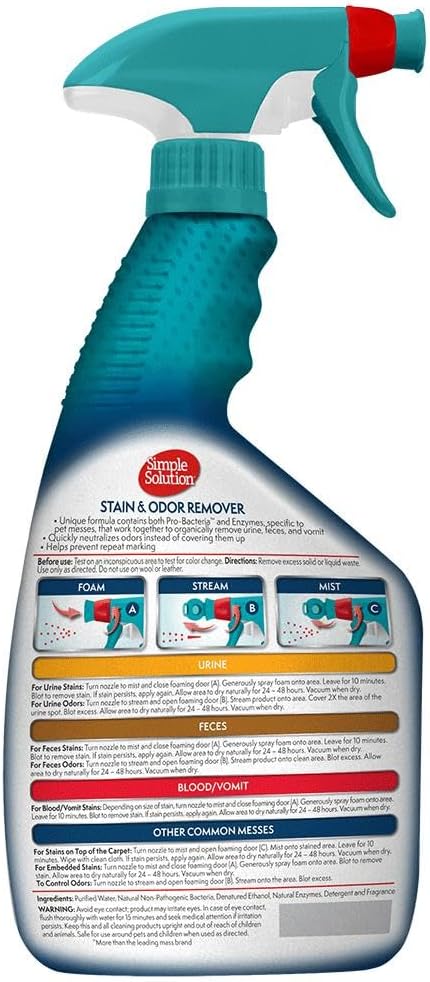 Simple Solution Stain & Odor Eliminator for Pets, Dog Stain Remover, Cat Urine Cleaner, Carpet Deodorizer, Pet Odor Eliminator for Home, Urine Destroyer, Carpet Cleaner Spray, Fresh Floral, 32 oz