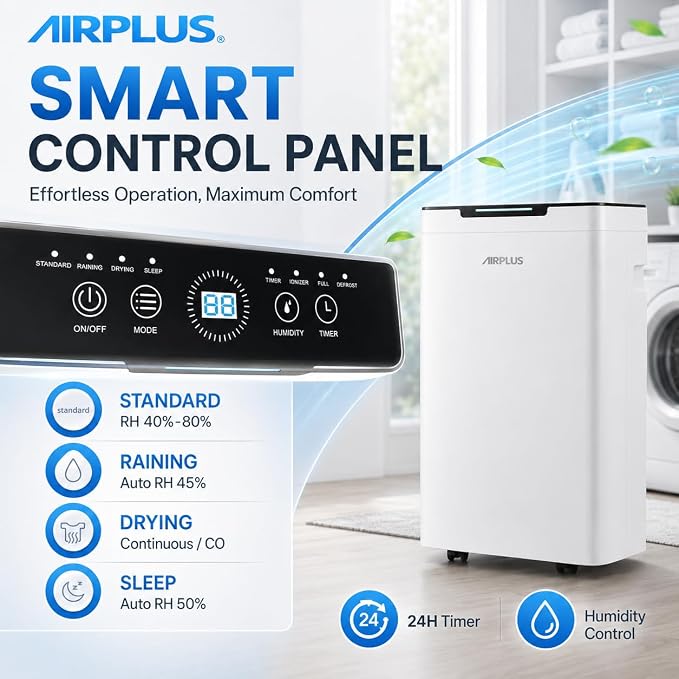 AIRPLUS 1600 Sq Ft Dehumidifier for Home and Basement, 30 Pint Portable Dehumidifiers with Drain Hose for Large Room, Quiet Sleep Mode Dehumidifier for Bedroom, RV De humidifier for Inside Camper