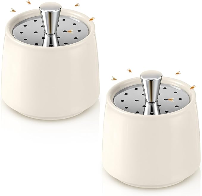 Ceramic Fruit Fly Trap for Indoors, Reusable Kitchen Fly Catcher with Stainless Steel Vent Lid, Uses Safe & Natural Vinegar Bait Trap, Dishwasher Safe, Easy to Use(White,2 Pack)