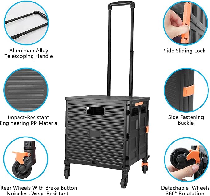 FELICON SELORSS Foldable Utility Cart Folding Portable Rolling Crate Handcart with Heavy Duty Telescoping Handle Collapsible 4 Rotate Wheels for Travel Shopping Move Luggage Office Use(Black+Black)