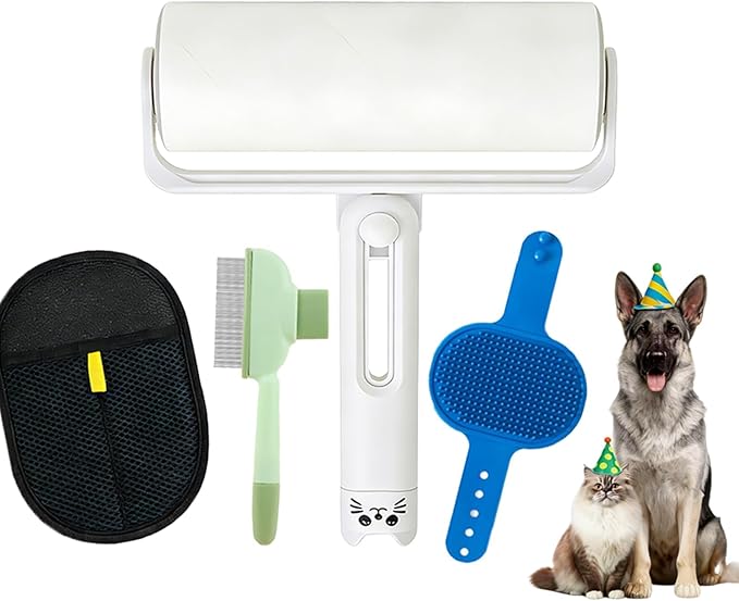 New BIONEMAGILI 4-in-1 Pet Hair Removal Kit - Refillable Lint Roller + Self-Cleaning Deshedding Comb + Electrostatic Glove + Soft Rubber Bath Brush, Multi-Surface Hair Remover for Cats/Dogs/Blue