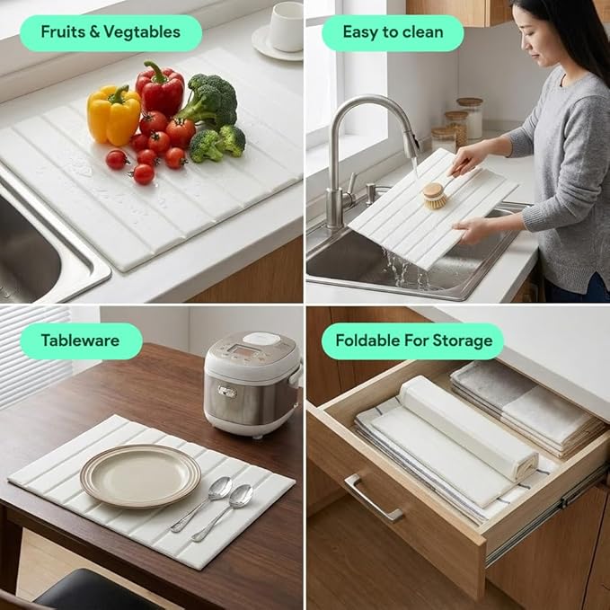 Extra Large 24"x18" Stone Dish Drying Mat with Sink Mat, Super Absorbent Diatomaceous Earth & Microfiber, Quick-Dry Foldable Kitchen Counter Drying Pad for Dishes, Bottles & Utensils – White