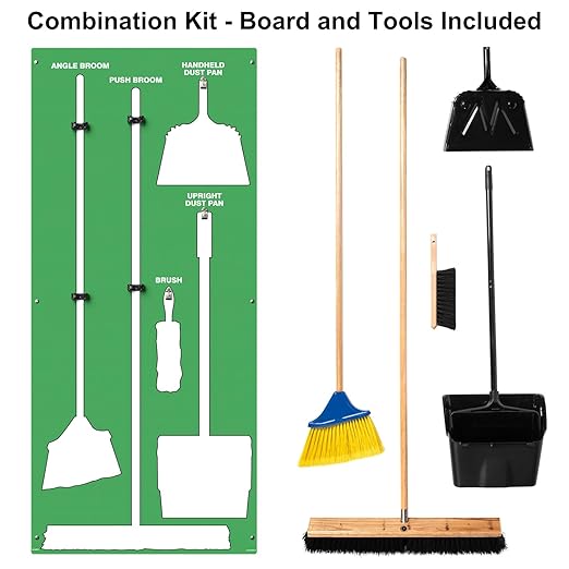 Clean & Sweep 5S Shadow Board/Wall Mount Broom Holder, 68" x 30" Board, 5S Cleaning Station - with Broom and Dustpan Set Included, Made in The USA by AccuformNMC, Green/White, PSB116GNWT
