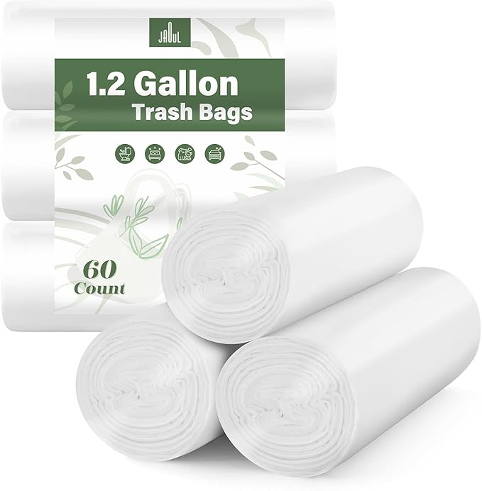 Jaoul 1.2 Gallon Trash Bags, Unscented Strong Small Trash Bags Bathroom, Small Garbage Bags for Bathroom Can, White Trash Can Liners 60 Count