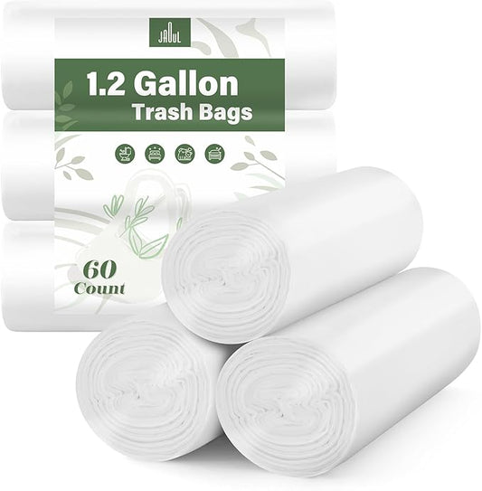 Jaoul 1.2 Gallon Trash Bags, Unscented Strong Small Trash Bags Bathroom, Small Garbage Bags for Bathroom Can, White Trash Can Liners 60 Count