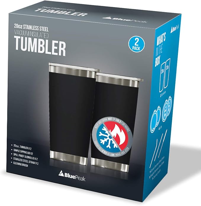BluePeak Double Wall Vacuum Stainless Steel Insulated Tumblers Set, 2-Pack - Includes 2 Sipping Lids, 2 Spill-Proof Sliding Lids, 2 Straws, 1 Cleaning Brush & Gift Box (20 oz, Black)