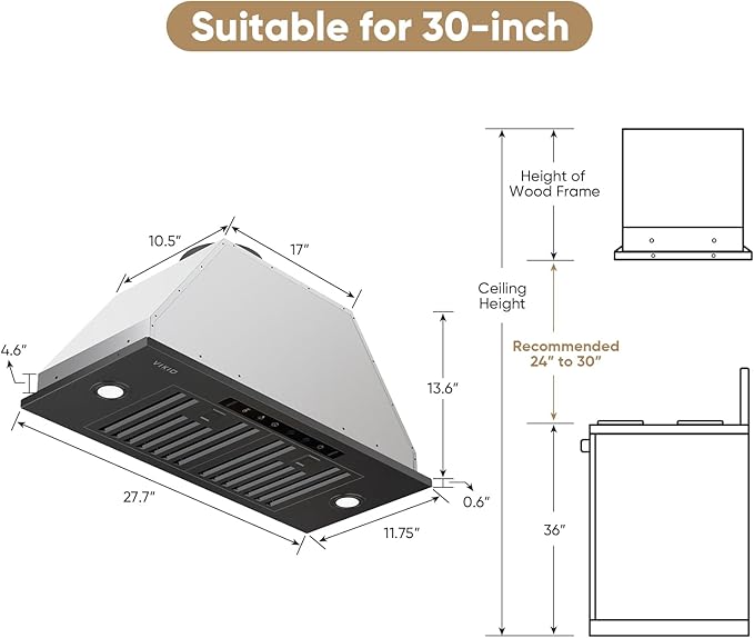 VIKIO HOME Black Built-in/Insert Range Hood 30 Inch, 980 CFM Hood Vent for Kitchen, Ducted/Ductless Convertible Duct, Stainless Steel Kitchen Vent Hood with Gesture & Touch Control, 2 Baffle Filters