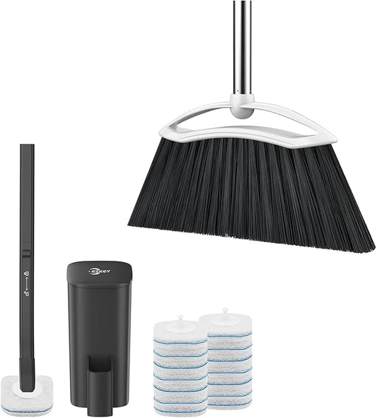 Heavy Duty Broom & Disposable Toilet Brush, 14 Refills Toilet Bowl Cleaner Wand, Toilet Cleaner Brush Toilet Cleaning System for Bathroom Cleaning (Black)