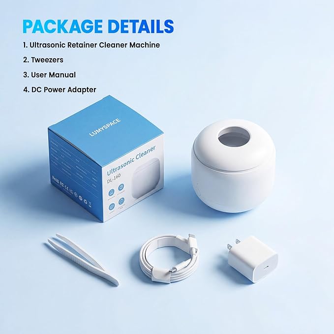 Ultrasonic Retainer Cleaner Machine - 44kHz Dental Pod for Night Guards, Mouth Guards, Dentures, Aligner & Jewelry- 200ML, White