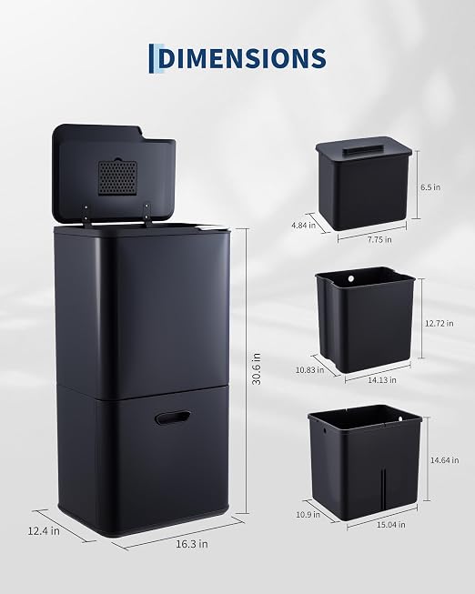 Garvee 16 Gal Dual Trash Can for Kitchen, 2 Compartment (33l + 28l) Garbage Can with Compost Bin, Stainless Steel Trash and Recycle Bin Combo with Removable Inner Bucket, Odor Control, Black
