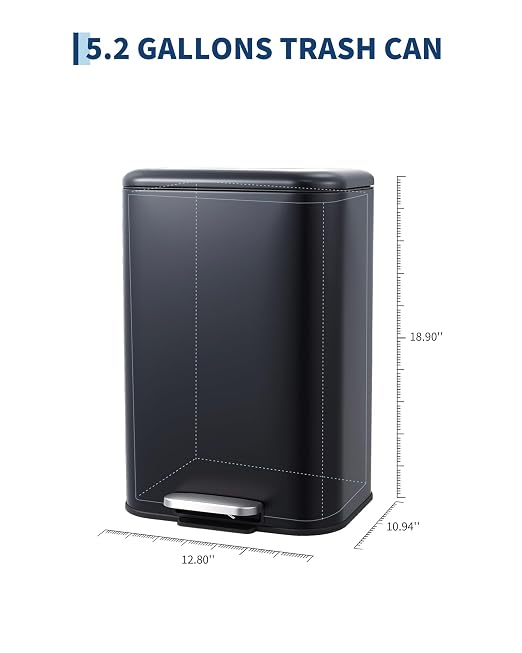 Garvee 5.2 gal Bathroom Trash Can, Step Garbage Can with Soft-Close Lid, Stainless Steel Recycling Bin with Removable Inner Bucket, Rectangular Waste Container for Kitchen, Living Room, Office, Black