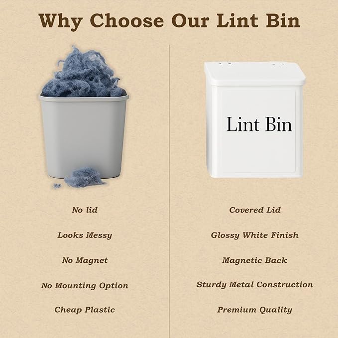 Magnetic Lint Bin for Laundry Room Organization & Storage, Wall-Mounted Dryer Lint Bin Trash Can with Lid, Lint Box Includes Brush, 2 White Hooks, 1 Black Hook, Screws & Magnet Glue (White)