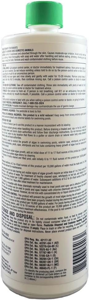 Polyquat 60 Algaecide for Swimming Pool, Highly Concentrated Pool Algaecide & Algae Killer for Black, Green & Mustard Algae, Inground & Above Ground Pools, Professional Grade Treatment, 32 oz