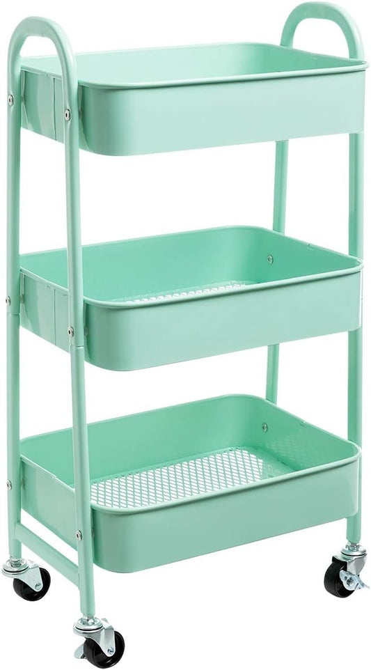 AGTEK Makeup Cart, Movable Rolling Organizer Cart, Macaron Blue 3 Tier Metal Utility Cart