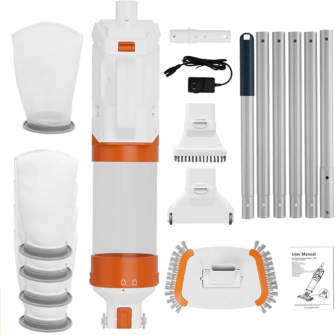Cordless Pool Vacuum-True Powerful Suction 18.9GPM, 130inch, 1H Runtime, 25µm Fluff Ultra Fine Filter,Handheld Rechargeable Hot Tub Cleaner with Poles for Above Ground&Inground Pool
