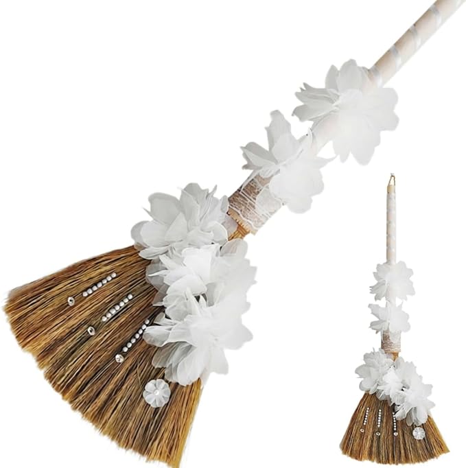 Wedding Broom for Jumping Ceremony, African American Decorative Broomstick DIY with White Floral Pearl Dimond