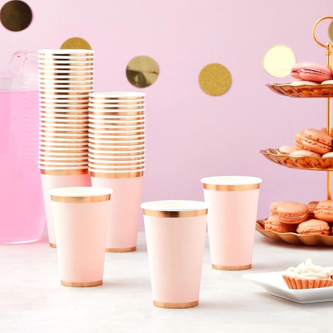 Juvale Pink Party Cups - 12 Oz, 50 Pack, Light Pink & Gold - Disposable Paper Cups for Hot & Cold Beverages - Bridal & Baby Shower