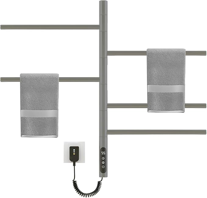 Rotatable Heated Towel Warmer,Plug-in/Hard-Wired Wall Mounted Electric Towel Warmer with Timer and Multi-Stage Temperature Regulation 2-3 Minutes to 131°F (Grey)