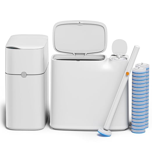 CTIME Family Bathroom Trash Can Set Includes a 2-Gallon Clean Trash Bin with a Toilet Brush, 12 pre-Soaked Disposable Brush Heads, a Small Bathroom Trash Can with Lid, and a Smart Trash can.