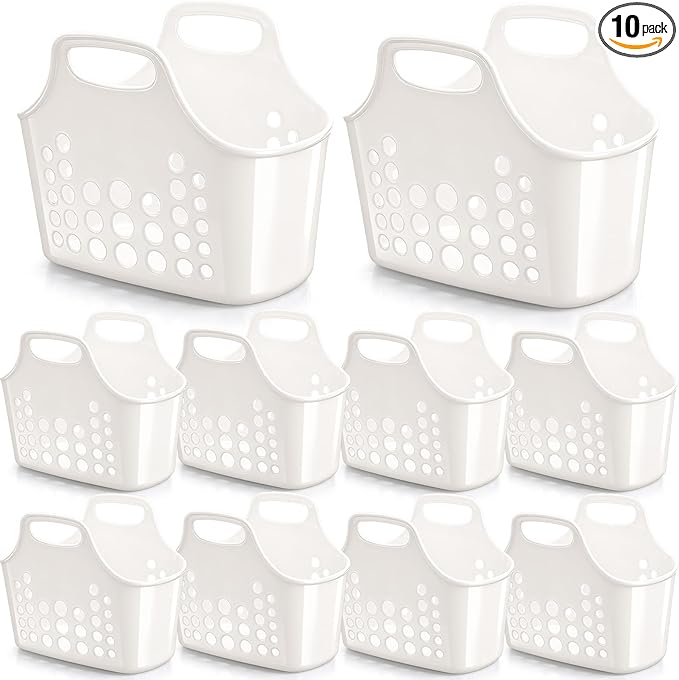 Nuogo 10 Pack White Basket with Handles Plastic Oval Carry Totes with Handles Caddy Multipurpose Organizer Reusable for Bathroom Dorm Communal Showers Kitchen School, 10.6" x 6" x 10"