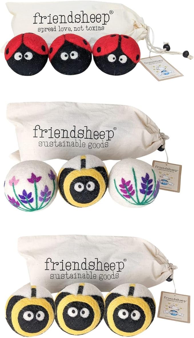 Wool Dryer Ball Bundle Lavender Fields Bee Flower + Honey Bee + Ladybug by Friendsheep