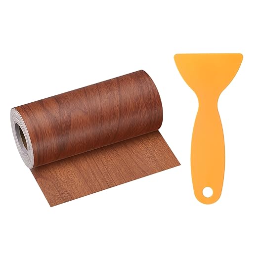 HARFINGTON Wood Grain Repair Tape 4.7 Inch x 33ft Self Adhesive Repair Patch Tape Simulated Wooden Floor Tapes with Plastic Scraper for Tables Doors Windows Furniture, Bright Brown Wood