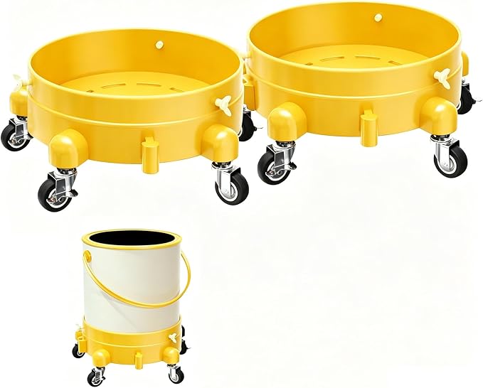 Heavy-Duty Bucket Dolly with Wheels, 5 Gallon Bucket Roller with Locking Casters & Secure Clamp, Rolling Bucket Cart for Cleaning, Gardening, Industrial Use, Max Load 300 Lbs (Yellow)