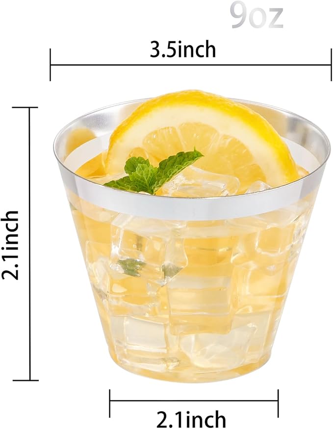 Nervure 240 PCS Silver Plastic Cups - 9Oz Silver Rimmed Plastic Cups - Heavy Duty Plastic Cup with Silver Rim Perfect for Weddings, Receptions & Parties