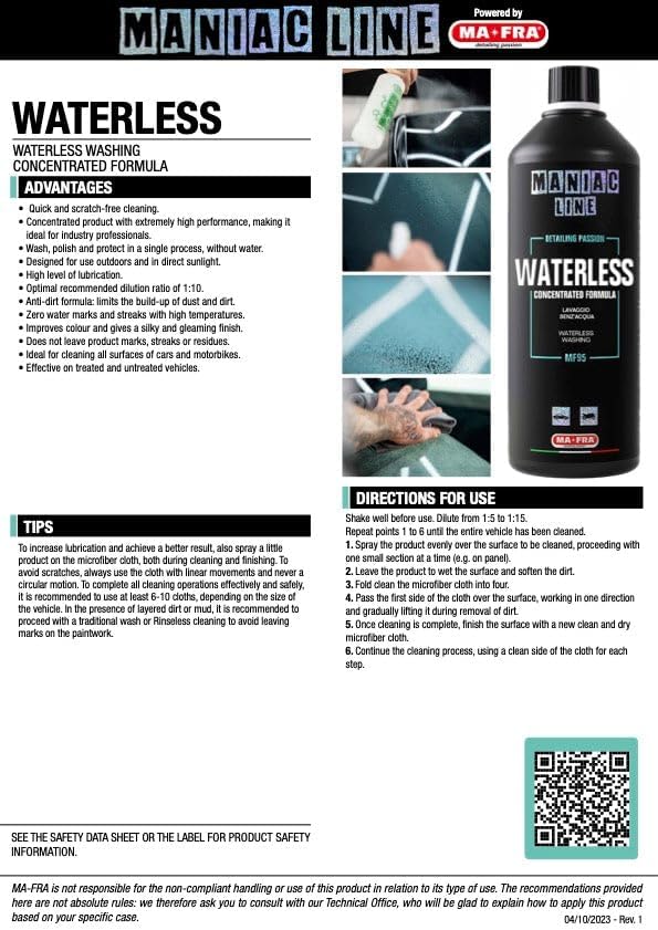 MANIAC LINE MAFRA Waterless Wash | Clean and Shine Without a Hose | Lubricated Wipe Reduces Marring | Safe on Paint Glass and Exterior Plastics | On the Go Maintenance Between Washes | 1 Liter
