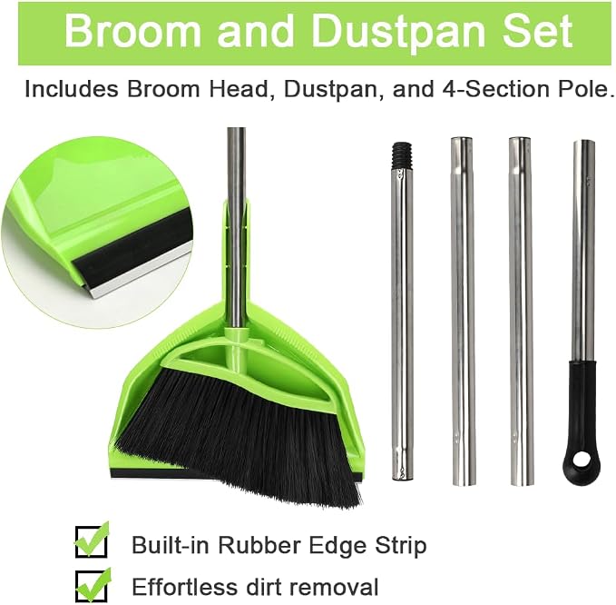 Soft Bristle Broom and Dustpan Combo Set, Long Handle Indocor Broom with Dustpan Set for Kitchen Hardwood Room Office and All Household Floor Cleaning (Green)